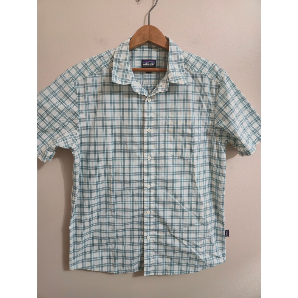 Patagonia Men Med Short Sleeve Button Down Shirt Teal White Plaid Organic Cotton